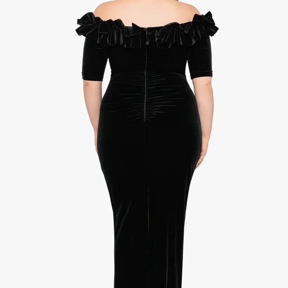 Xscape “TIFFANY" LONG VELVET 3/4 SLEEVE RUFFLE TOP DRESS - Picture 2 of 7